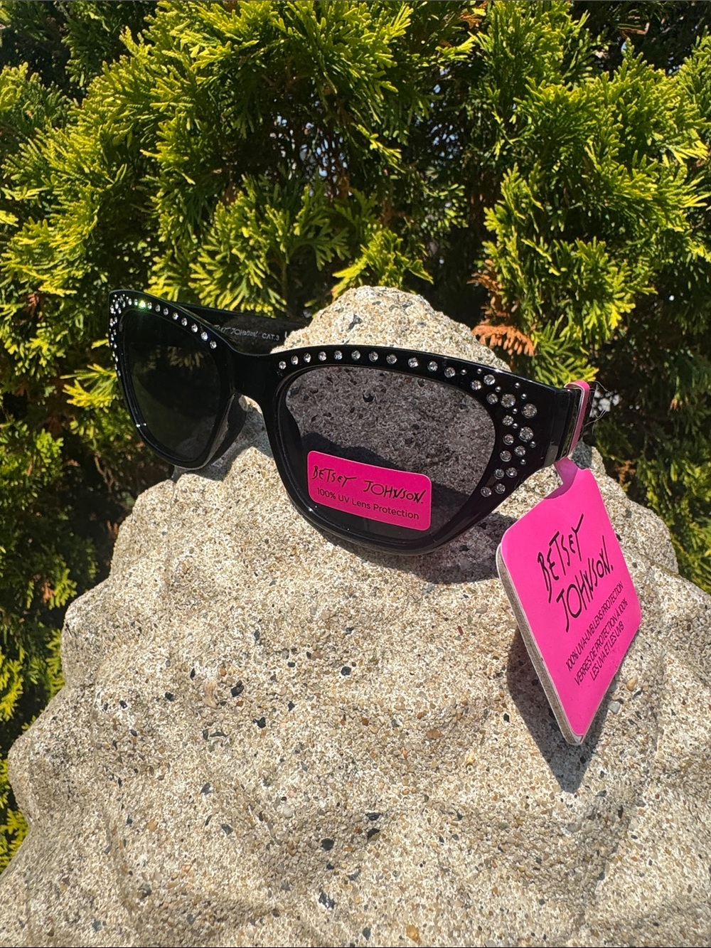Betsey Johnson Black Rhinestone Cat Eye Sunglasses with Pink Tags